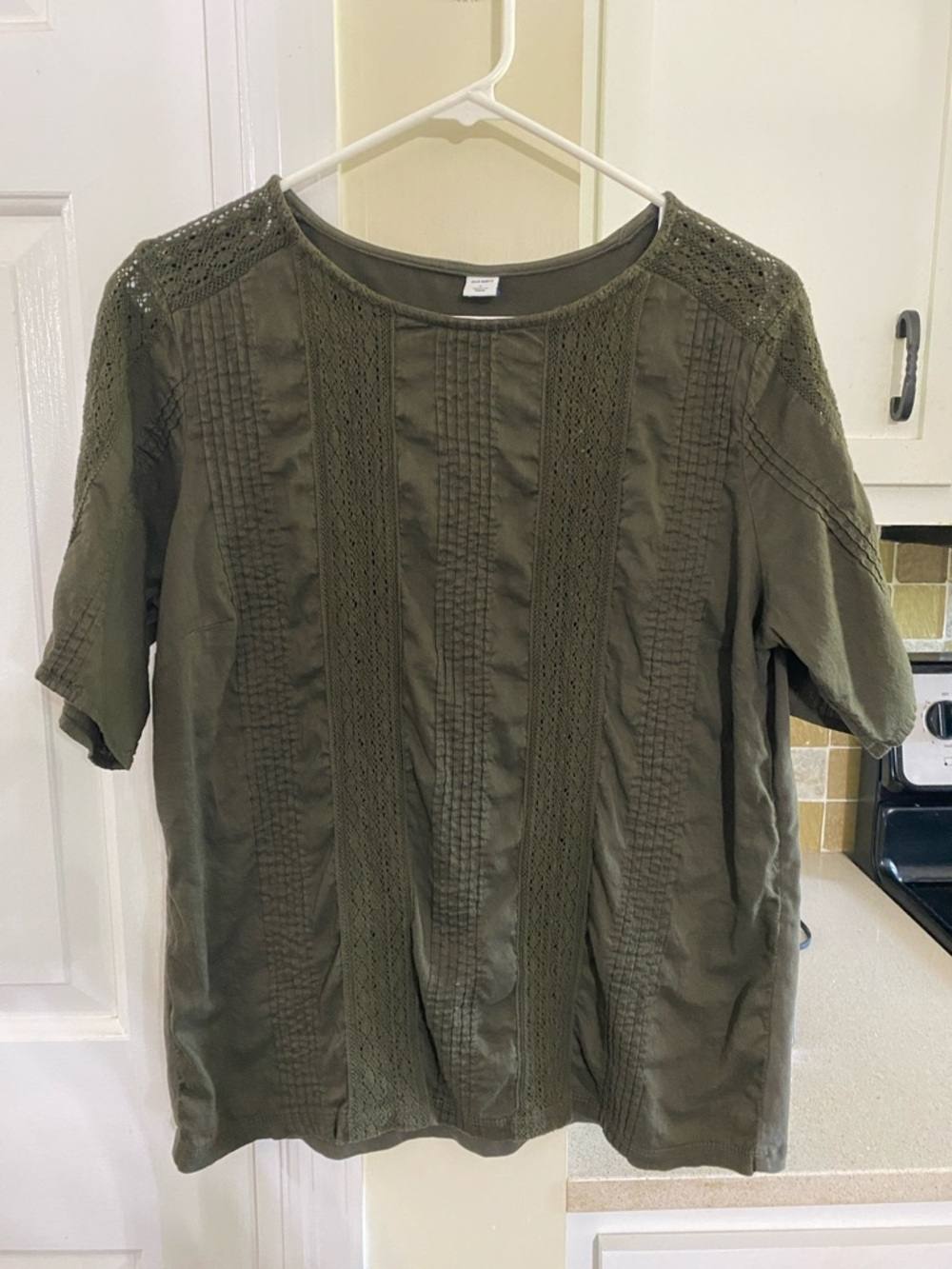 Old Navy Olive Crochet & Pintuck Short Sleeve Tee